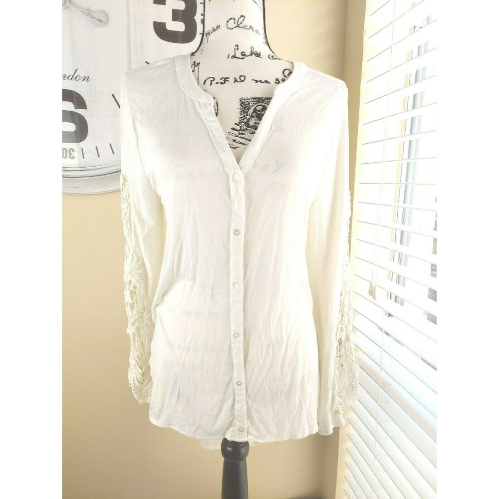 Valerie Stevens Womens Ivory Tunic Top L Lace sleeve Hi-low Hem